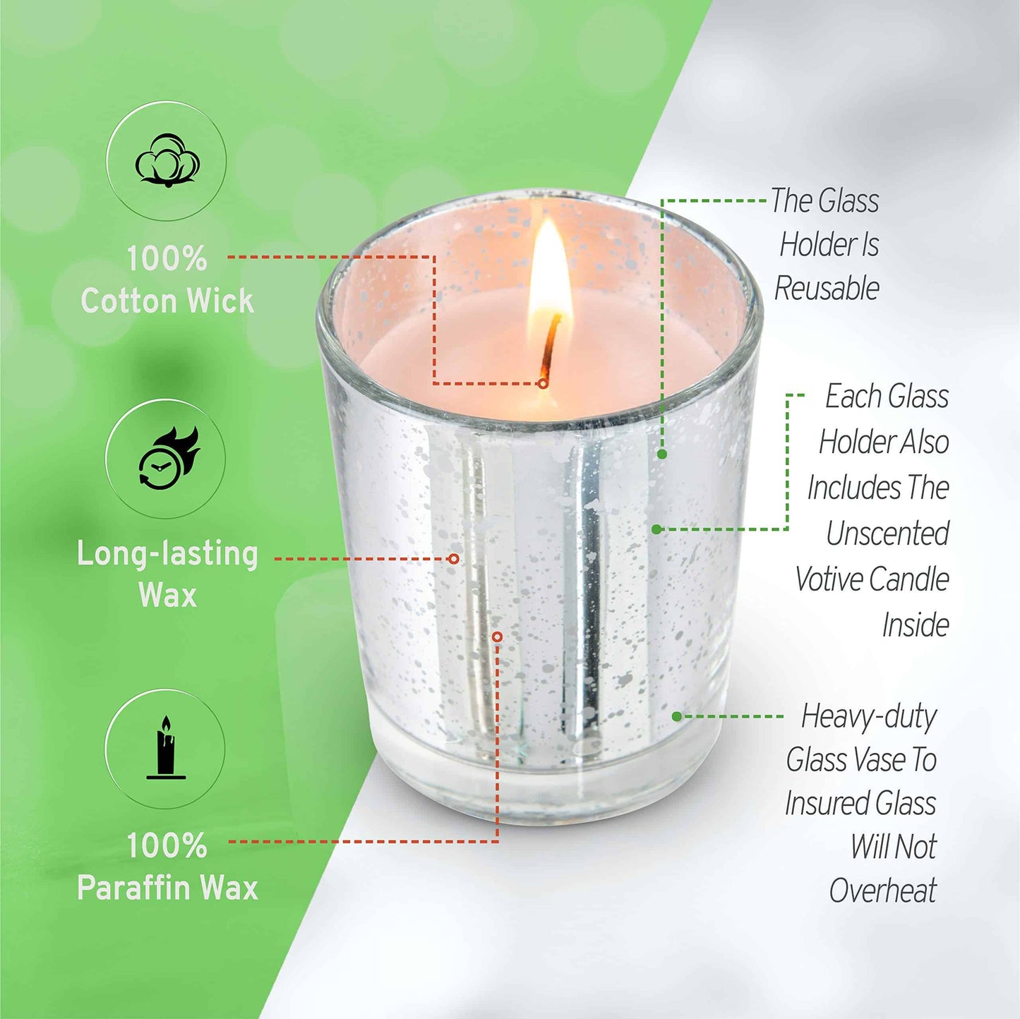 KISCO CANDLES Votive Candles with Holders 24-Pack 8 Hours | Silver Decorative Glass Home Décor | Beautiful Living Room, Kitchen, Bathroom Lighting | Long-Lasting Wax