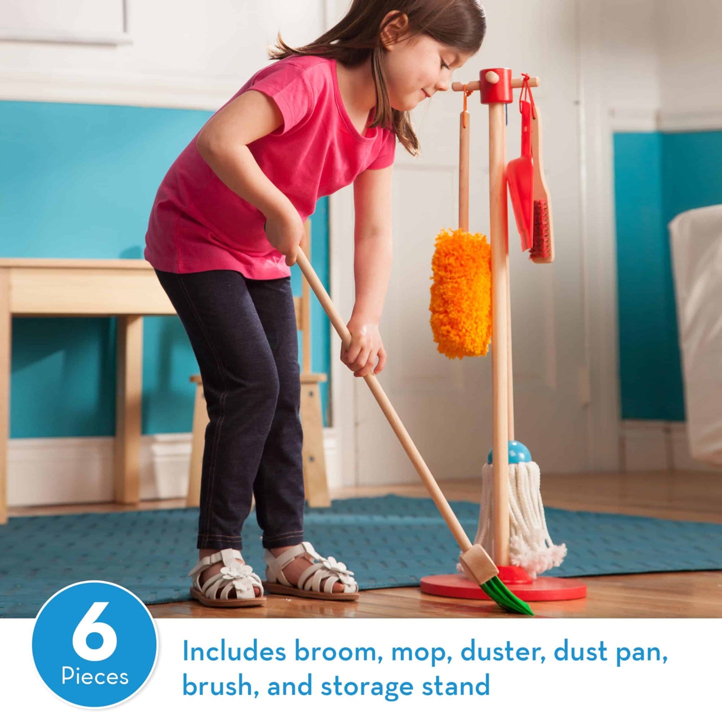 Melissa & Doug Dust! Sweep! Mop! 6-Piece Pretend Play Cleaning Set - Broom, Duster, Kid-Sized Cleaning Toys For Boys and For Girls
