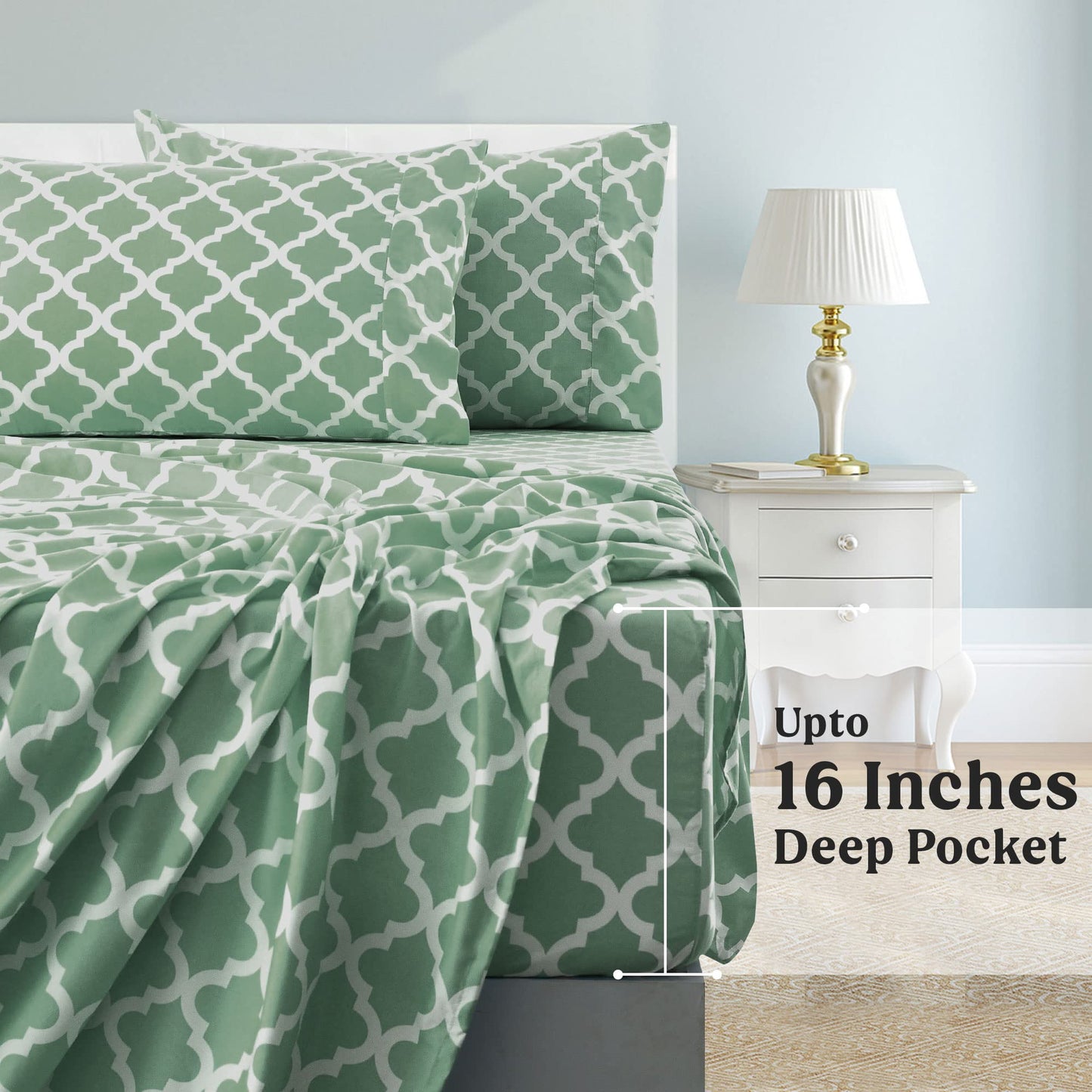 LDC LUX DECOR COLLECTION Bed Sheets - 4 Pc Queen Size Sheets - High GSM Brushed Microfiber Sheets -Upto 16 Inches Deep Pocket Bedding Sheets & Pillowcases (Queen, Quatrefoil Sage)