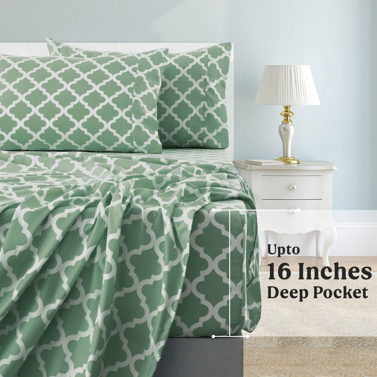 LDC LUX DECOR COLLECTION Bed Sheets - 4 Pc Queen Size Sheets - High GSM Brushed Microfiber Sheets -Upto 16 Inches Deep Pocket Bedding Sheets & Pillowcases (Queen, Quatrefoil Sage)