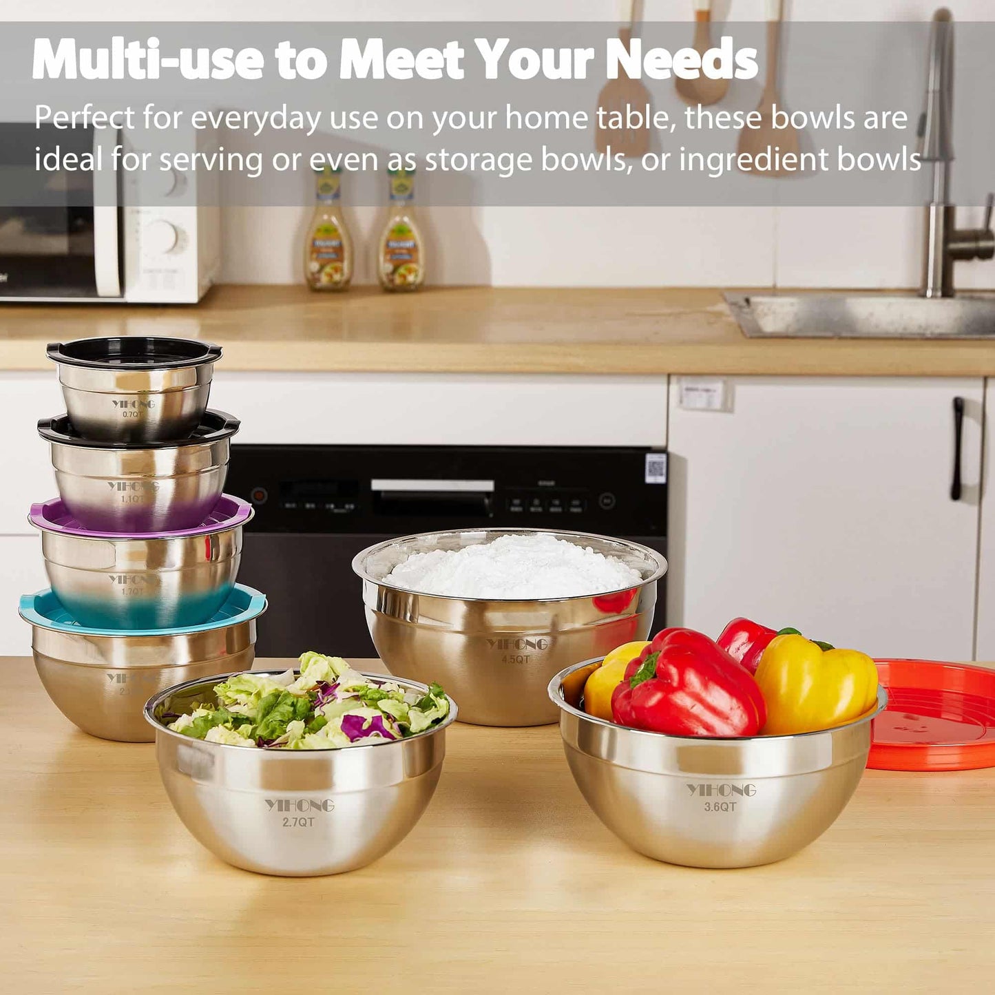 7 Piece Mixing Bowls with Lids for Kitchen, Stainless Steel Mixing Bowls Set Ideal for Baking, Prepping, Cooking and Serving Food, Nesting Metal Mixing Bowls for Space Saving Storage