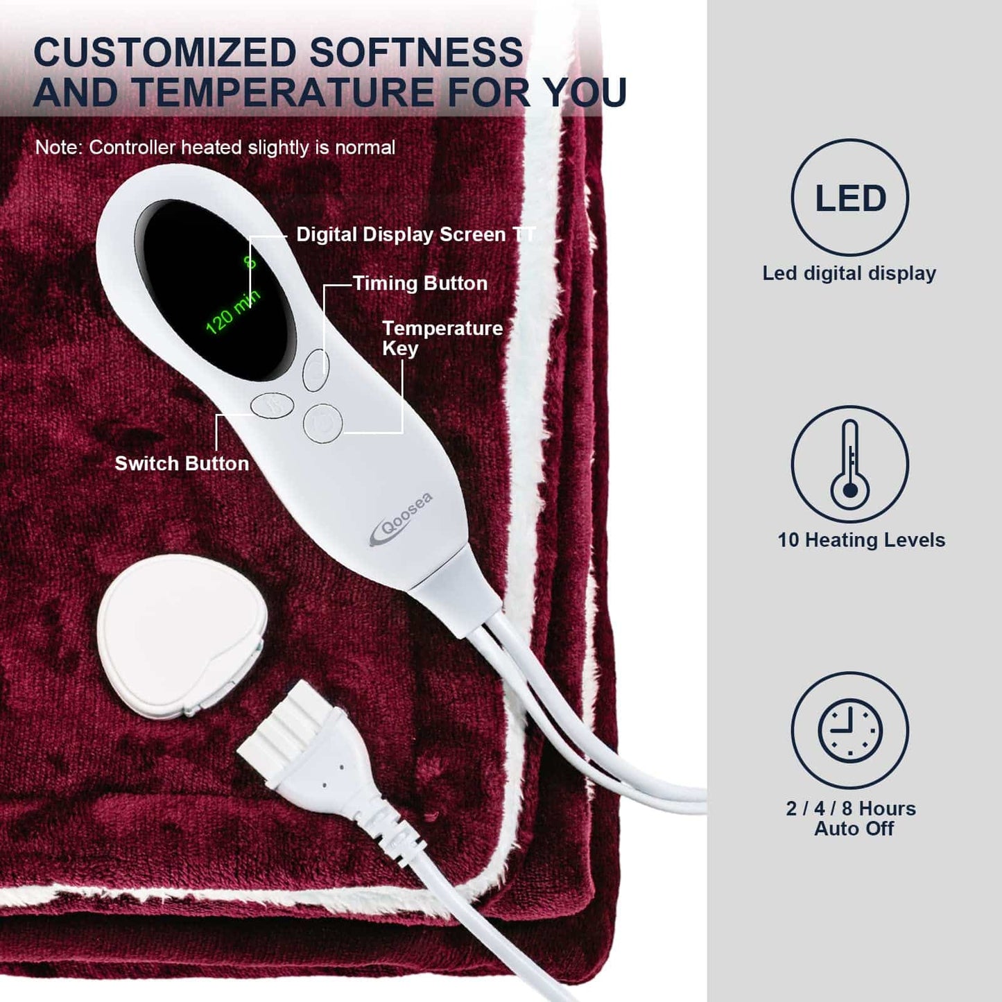 Qoosea Heated Blanket Electric Blanket Twin Size 50" x 60" Throw Soft Flannel Sherpa Heating Blanket Wrap with 10 Heating Levels 3 Timer Setting Warm for Home Office Use Red
