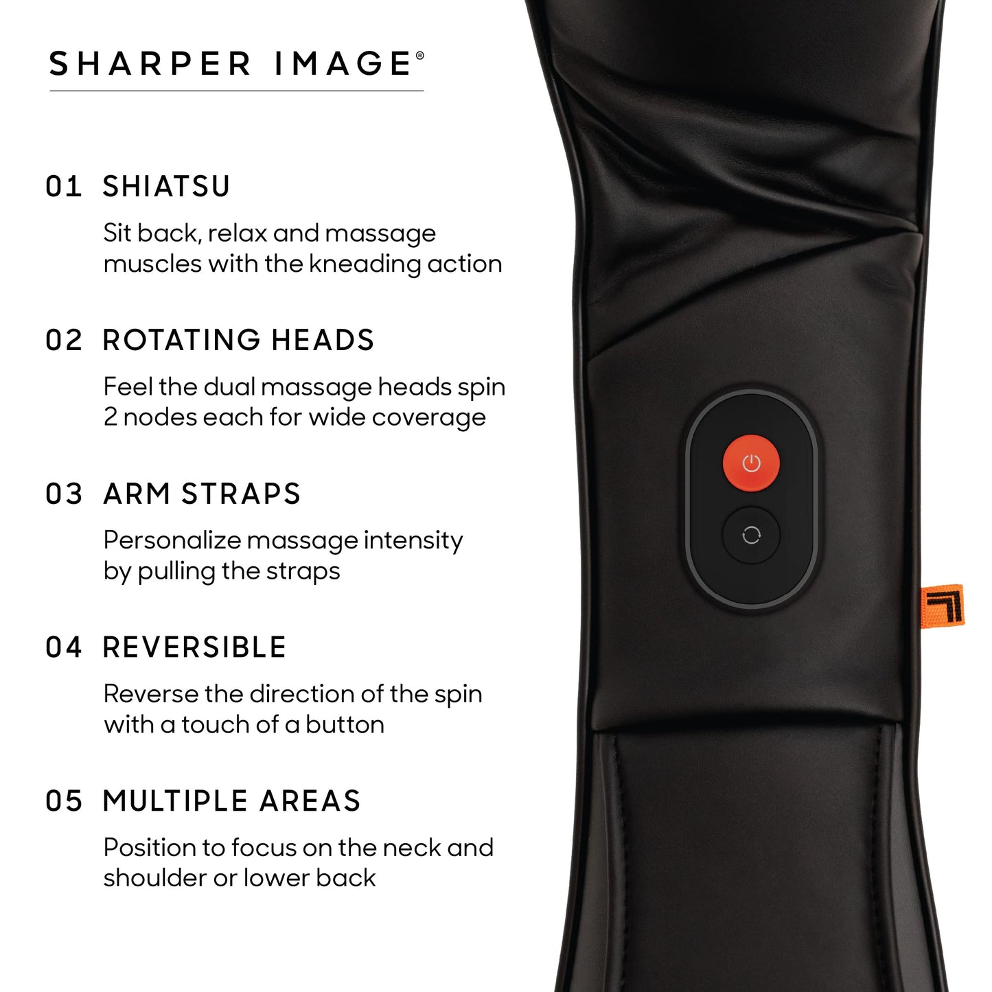 Sharper Image Shiatsu Neck + Back Kneading Massager, Rotating Massage Nodes with Arm Straps, Pain & Tension Relief