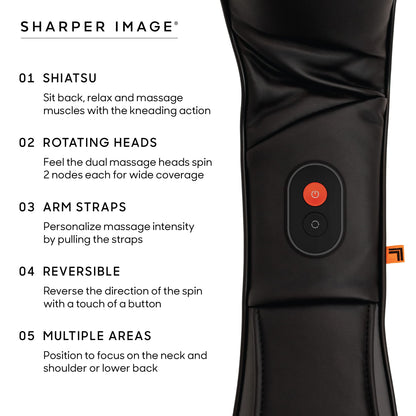 Sharper Image Shiatsu Neck + Back Kneading Massager, Rotating Massage Nodes with Arm Straps, Pain & Tension Relief