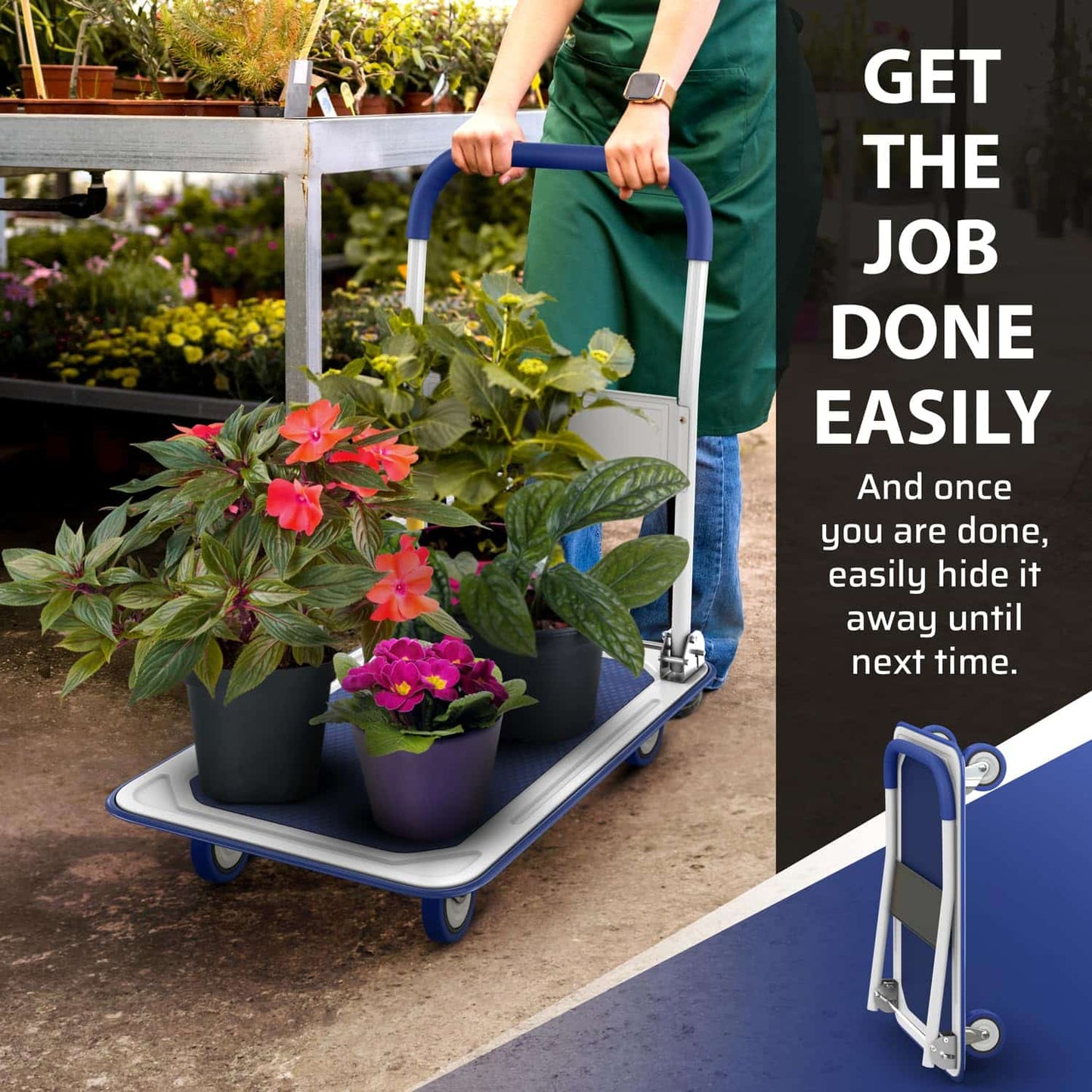 Upgraded Foldable Push Cart Dolly | 330 lbs. Capacity Moving Platform Hand Truck | Heavy Duty Space Saving Collapsible | Swivel Push Handle Flat Bed Wagon - Blue