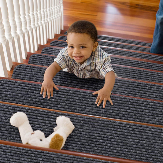 TREADSAFE 8" X 30" (15 Pack) Non-Slip Carpet Stair Treads Non-Skid Safety Rug Slip Resistant Indoor Runner for Kids Elders and Pets with Reusable Adhesive, Brown