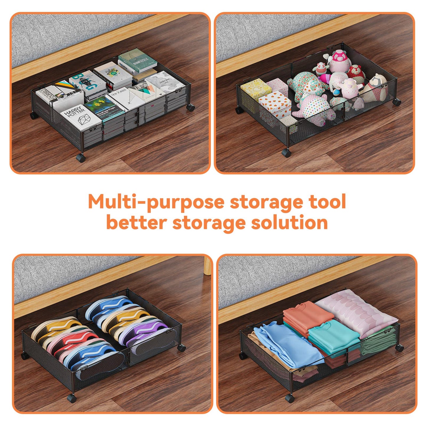 MURBONE Under Bed Storage with Wheels Containers Shoe Storage Organizer Drawer, Metal Foldable Under Bed Drawers on Wheels for Shoes, Clothes, Toys, Blankets (2 Pack)