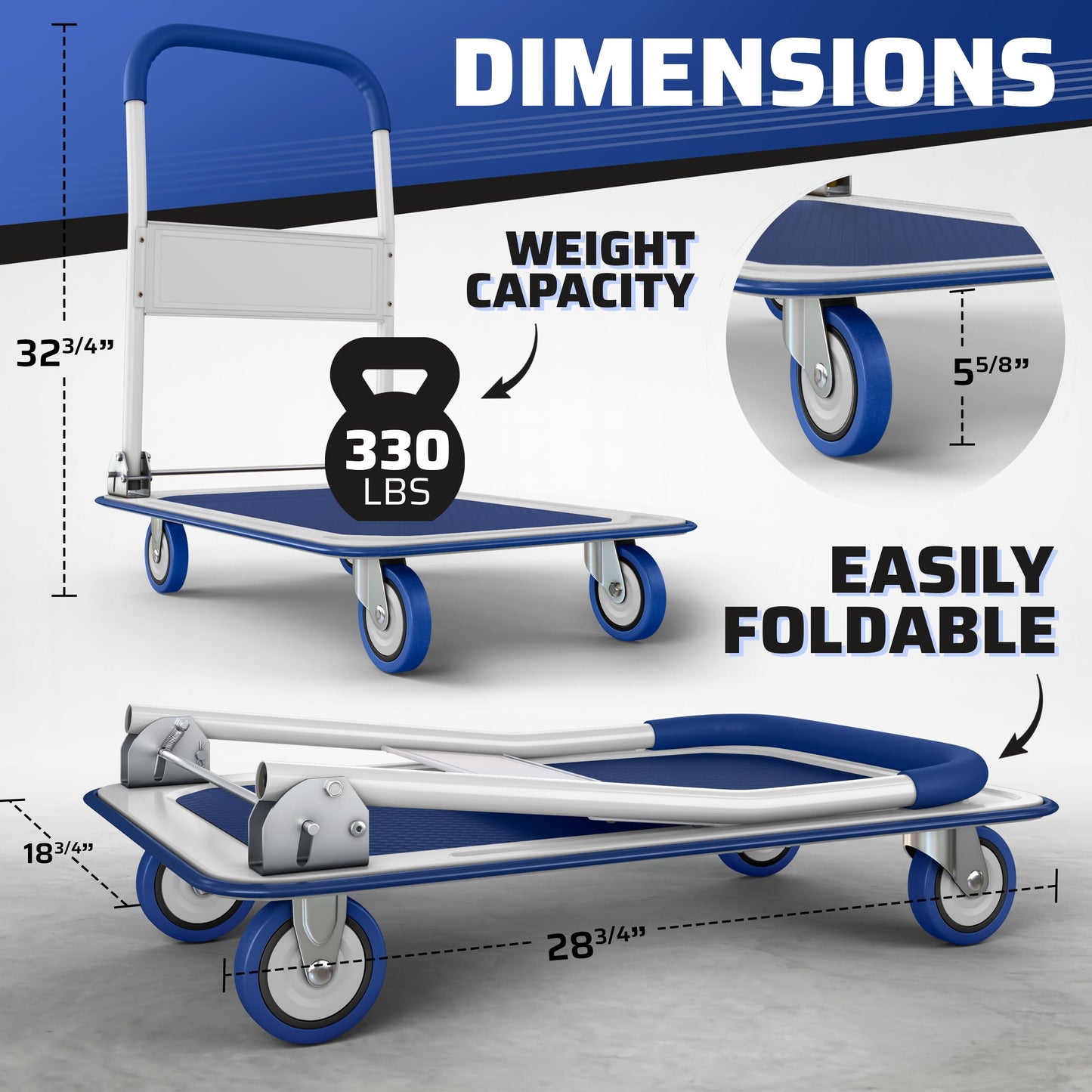 Upgraded Foldable Push Cart Dolly | 330 lbs. Capacity Moving Platform Hand Truck | Heavy Duty Space Saving Collapsible | Swivel Push Handle Flat Bed Wagon - Blue