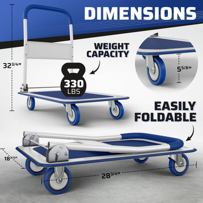 Upgraded Foldable Push Cart Dolly | 330 lbs. Capacity Moving Platform Hand Truck | Heavy Duty Space Saving Collapsible | Swivel Push Handle Flat Bed Wagon - Blue