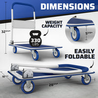 Upgraded Foldable Push Cart Dolly | 330 lbs. Capacity Moving Platform Hand Truck | Heavy Duty Space Saving Collapsible | Swivel Push Handle Flat Bed Wagon - Blue