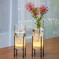Flower Vase for Decor, Glass Table Vase Set for Flowers Plants, Clear Vase with Black Stand, Modern Decorative with Timer LED Lights Battery Operated Set of 2