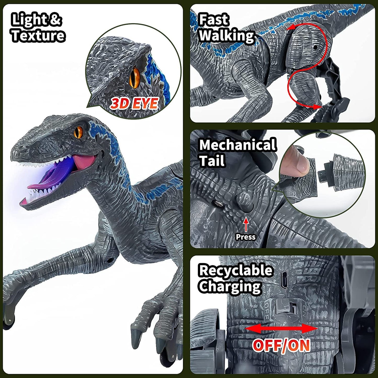 Remote Control Dinosaur Toys for Kids, RC Velociraptor Robot Toys 2.4Ghz Walking Large Electronic Pet Robo Dino with Lights and Roaring Sound for Boys Girls