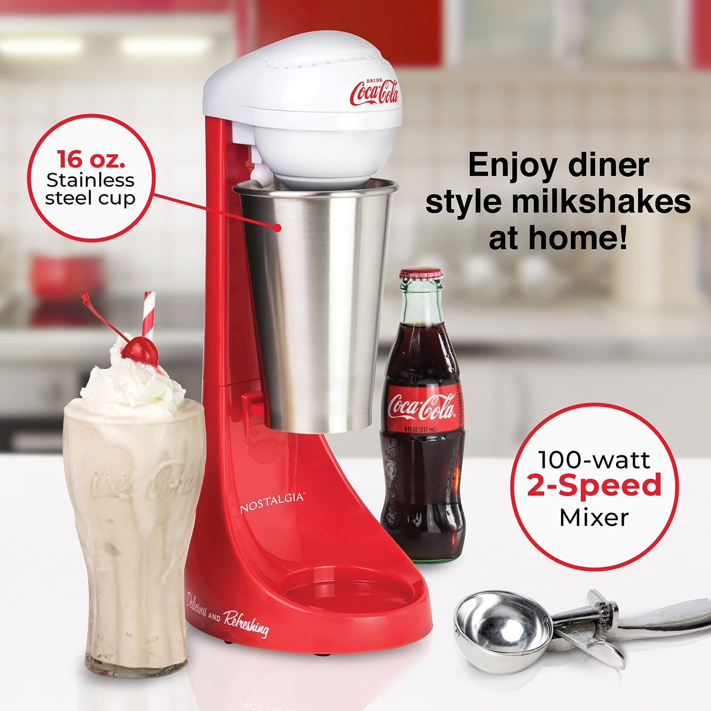 Nostalgia Two-Speed Electric Coca-Cola Limited Edition Milkshake Maker and Drink Mixer, Includes 16-Ounce Stainless Steel Mixing Cup and Rod, Red