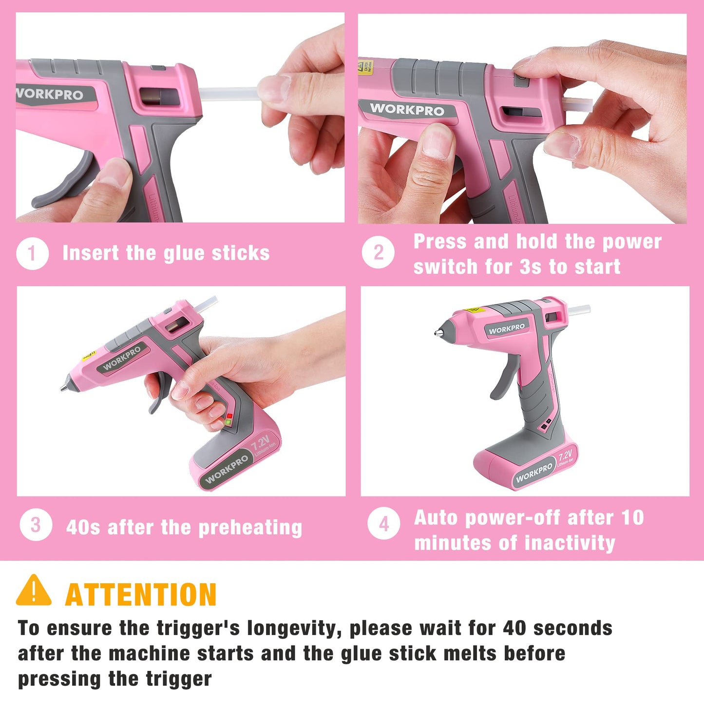 Pink Cordless Hot Melt Glue Gun, 7.2V Rechargeable Fast Preheating Glue Gun Kit with 20 Pc Premium Mini Glue Stick, Automatic-Power-Off Glue Gun for Art, Craft, Decoration - Pink Ribbon