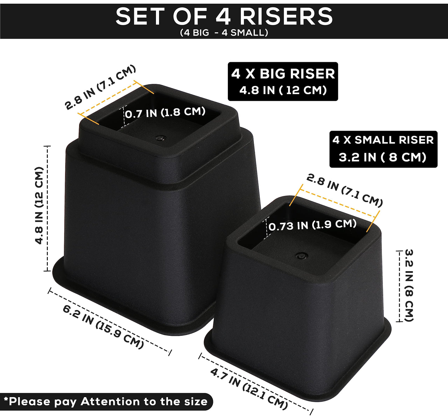 Utopia Bedding Adjustable Bed Furniture Risers - Elevation in Heights 3, 5 or 8 Inch Heavy Duty Risers for Beds - Supports up to 1,300 lbs - (Set of 4 Riser, Black)