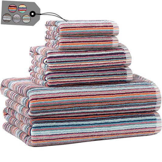 Truly Lou Striped Towel Sets for Bathroom, Decorative Multi Color Stripes, Soft, Absorbent, 100% Cotton Bathroom Towel Set Includes 6 Pieces - 2 Bath Towels, 2 Hand Towels, 2 washcloths (Blue/Coral)
