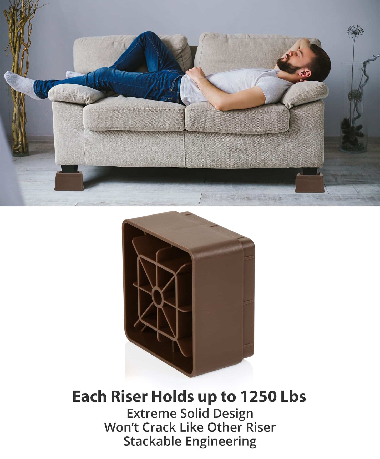 Utopia Bedding Bed Risers 2 Inch - Pack of 8 - Adjustable Furniture Risers 2 & 4 inch - Anti Slip Foam & Rubber Pad - Stackable Bed Lifts Risers Heavy Duty for Sofa, Bed, Table, Couch & Chair (Brown)