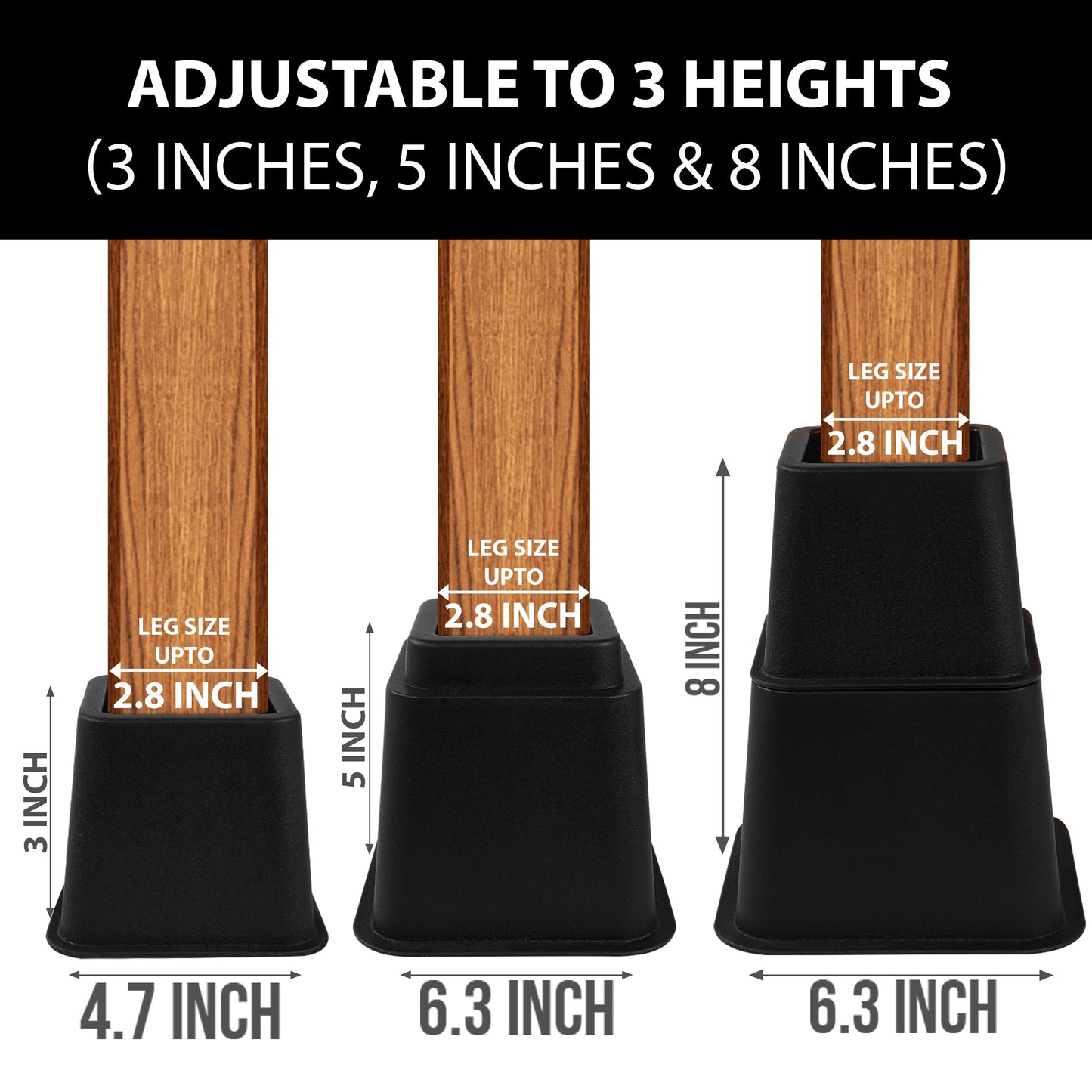 Utopia Bedding Adjustable Bed Furniture Risers - Elevation in Heights 3, 5 or 8 Inch Heavy Duty Risers for Beds - Supports up to 1,300 lbs - (Set of 4 Riser, Black)