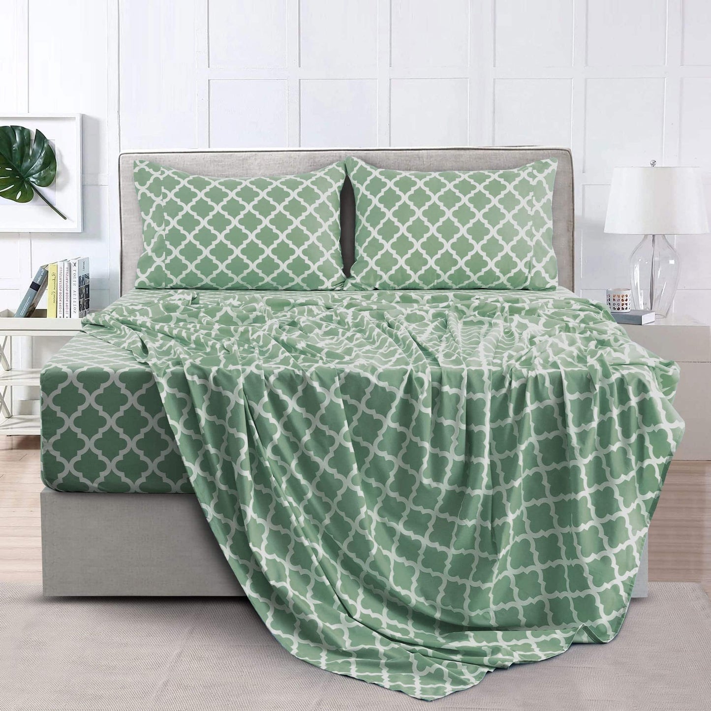 LDC LUX DECOR COLLECTION Bed Sheets - 4 Pc Queen Size Sheets - High GSM Brushed Microfiber Sheets -Upto 16 Inches Deep Pocket Bedding Sheets & Pillowcases (Queen, Quatrefoil Sage)