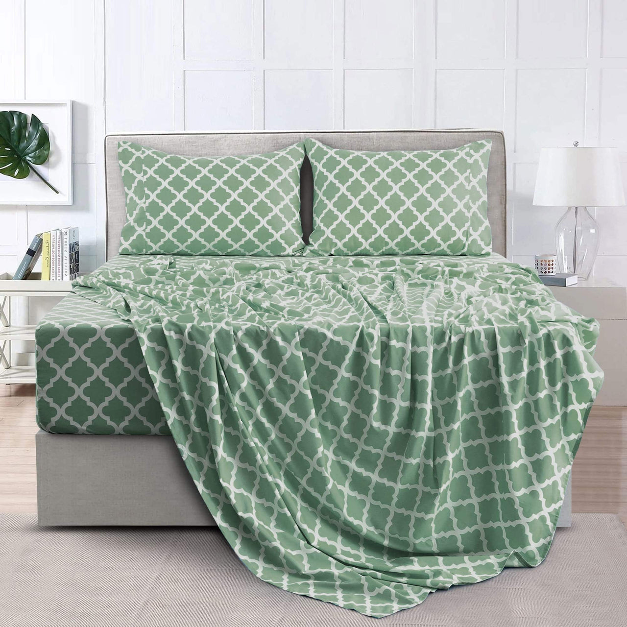 LDC LUX DECOR COLLECTION Bed Sheets - 4 Pc Queen Size Sheets - High GSM Brushed Microfiber Sheets -Upto 16 Inches Deep Pocket Bedding Sheets & Pillowcases (Queen, Quatrefoil Sage)