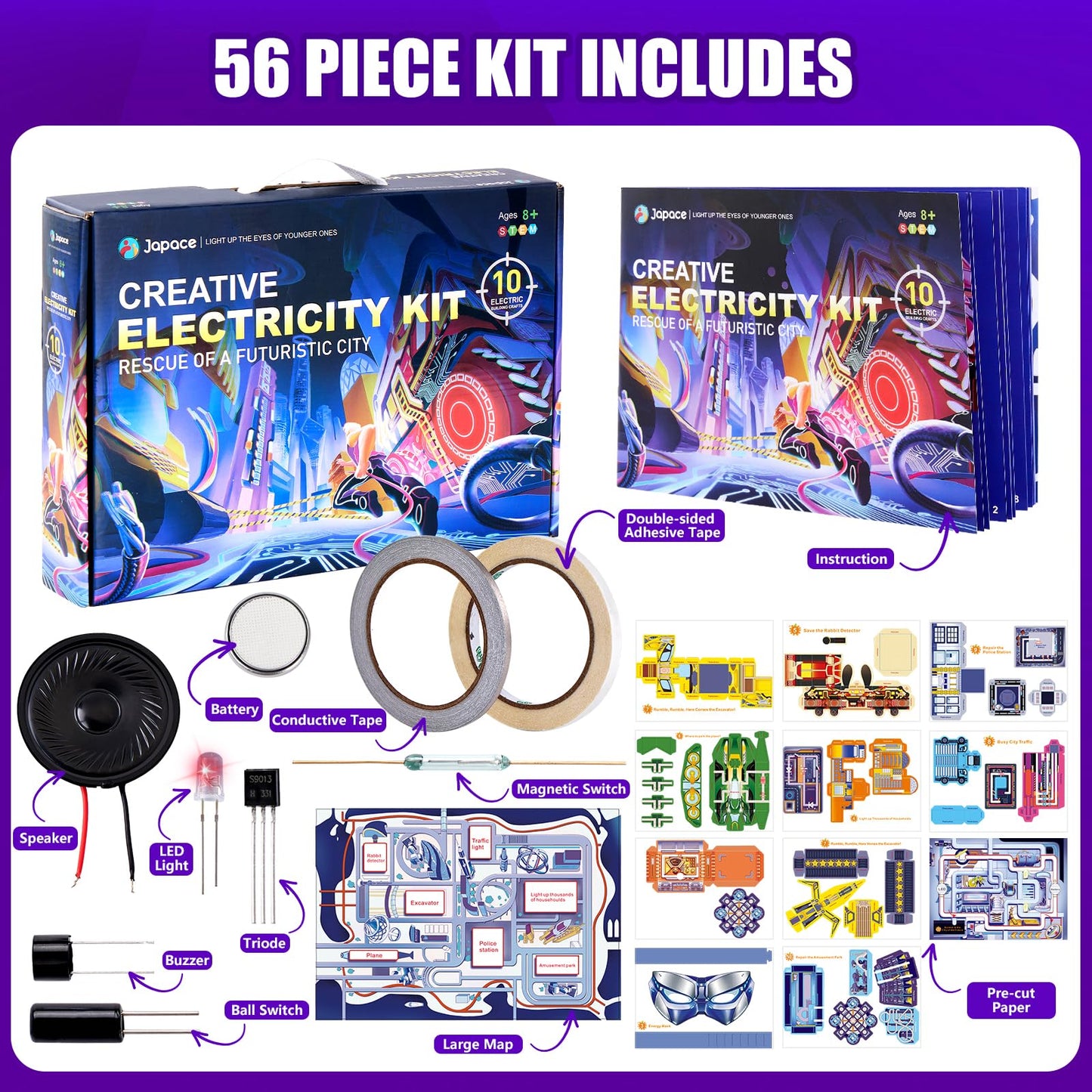 Japace Electricity Science Kits for Kids Age 8-10-12-14, 10 STEM Projects, Paper Circuits Activities, Physics Lab Experiments for Learning & Education, Christmas Birthday Gifts for 8+ Boys Girls