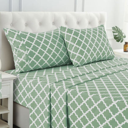 LDC LUX DECOR COLLECTION Bed Sheets - 4 Pc Queen Size Sheets - High GSM Brushed Microfiber Sheets -Upto 16 Inches Deep Pocket Bedding Sheets & Pillowcases (Queen, Quatrefoil Sage)