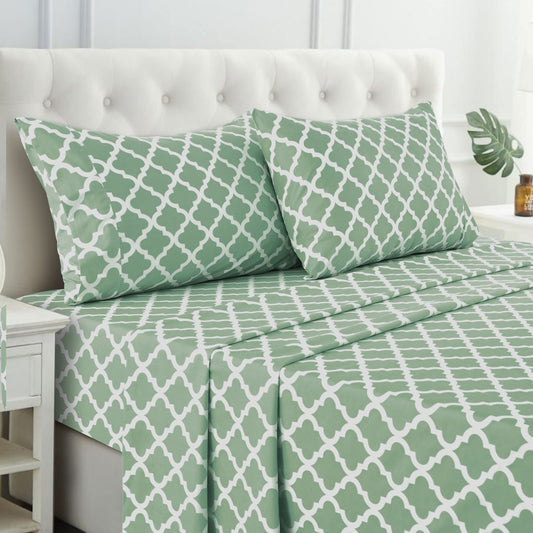 LDC LUX DECOR COLLECTION Bed Sheets - 4 Pc Queen Size Sheets - High GSM Brushed Microfiber Sheets -Upto 16 Inches Deep Pocket Bedding Sheets & Pillowcases (Queen, Quatrefoil Sage)