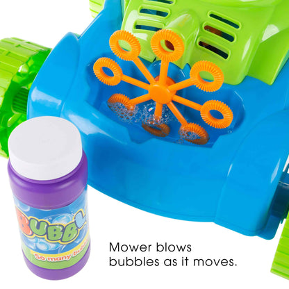 Bubble Lawn Mower - Outside Push Lawnmower Bubble Blower Machine for Toddlers - Walk Behind Outdoor Activity for Kids by Hey Play (Blue)