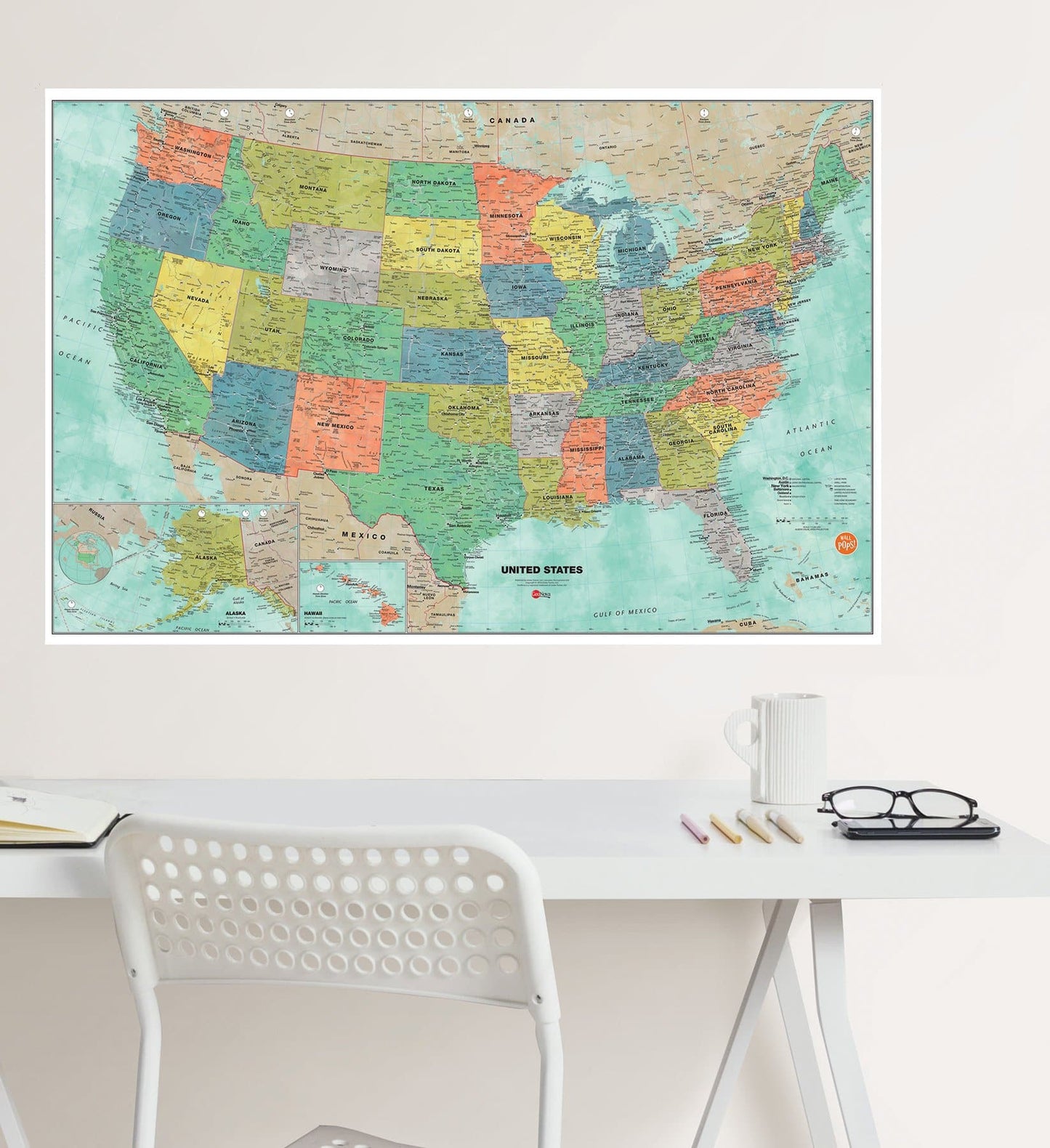 Wall Pops WPE1762 Aquarelle Us Dry Erase Map