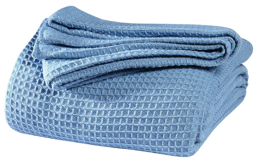 Thermal Cotton Blanket,Twin Cotton Blanket,Waffle Weave Cotton Blanket,Farmhouse Blanket,Soft Breathable Blanket,Light Picnic Travel Blanket,Oversized Blanket All Season Blanket 66x90 inch Light Blue