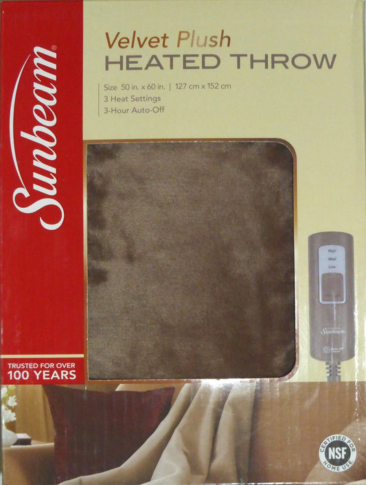 Sunbeam Velvet Soft Plush Heated Throw Blanket Size: 50 x 60 3 Heat Setting Remote Control Auto Off (Cocoa (Beige/Tan/Brown))
