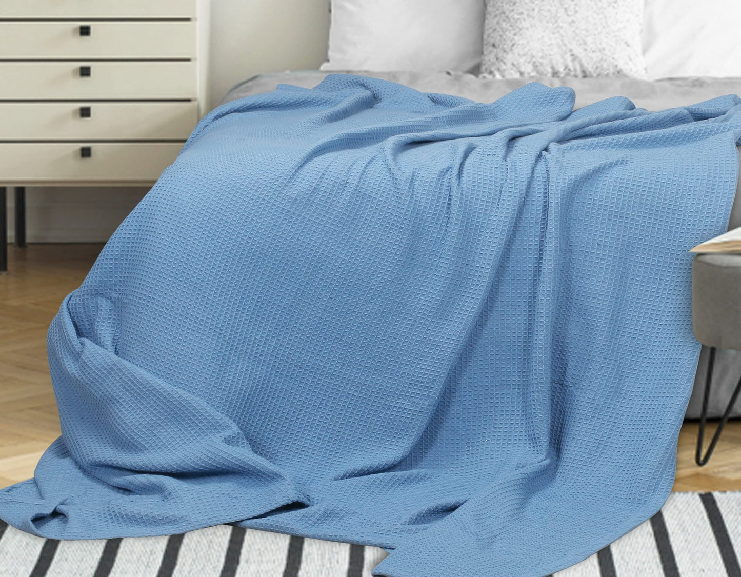 Thermal Cotton Blanket,Twin Cotton Blanket,Waffle Weave Cotton Blanket,Farmhouse Blanket,Soft Breathable Blanket,Light Picnic Travel Blanket,Oversized Blanket All Season Blanket 66x90 inch Light Blue