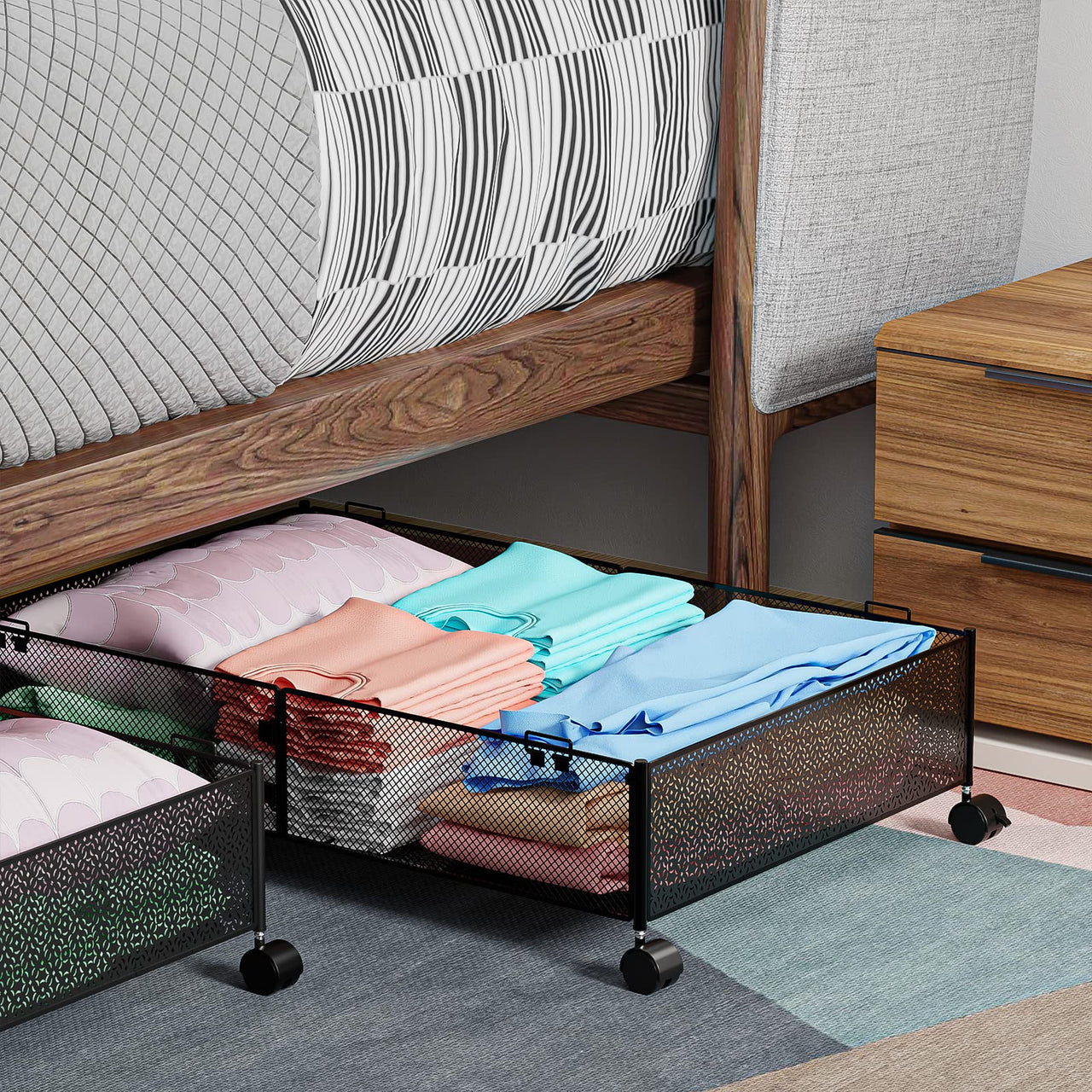 MURBONE Under Bed Storage with Wheels Containers Shoe Storage Organizer Drawer, Metal Foldable Under Bed Drawers on Wheels for Shoes, Clothes, Toys, Blankets (2 Pack)