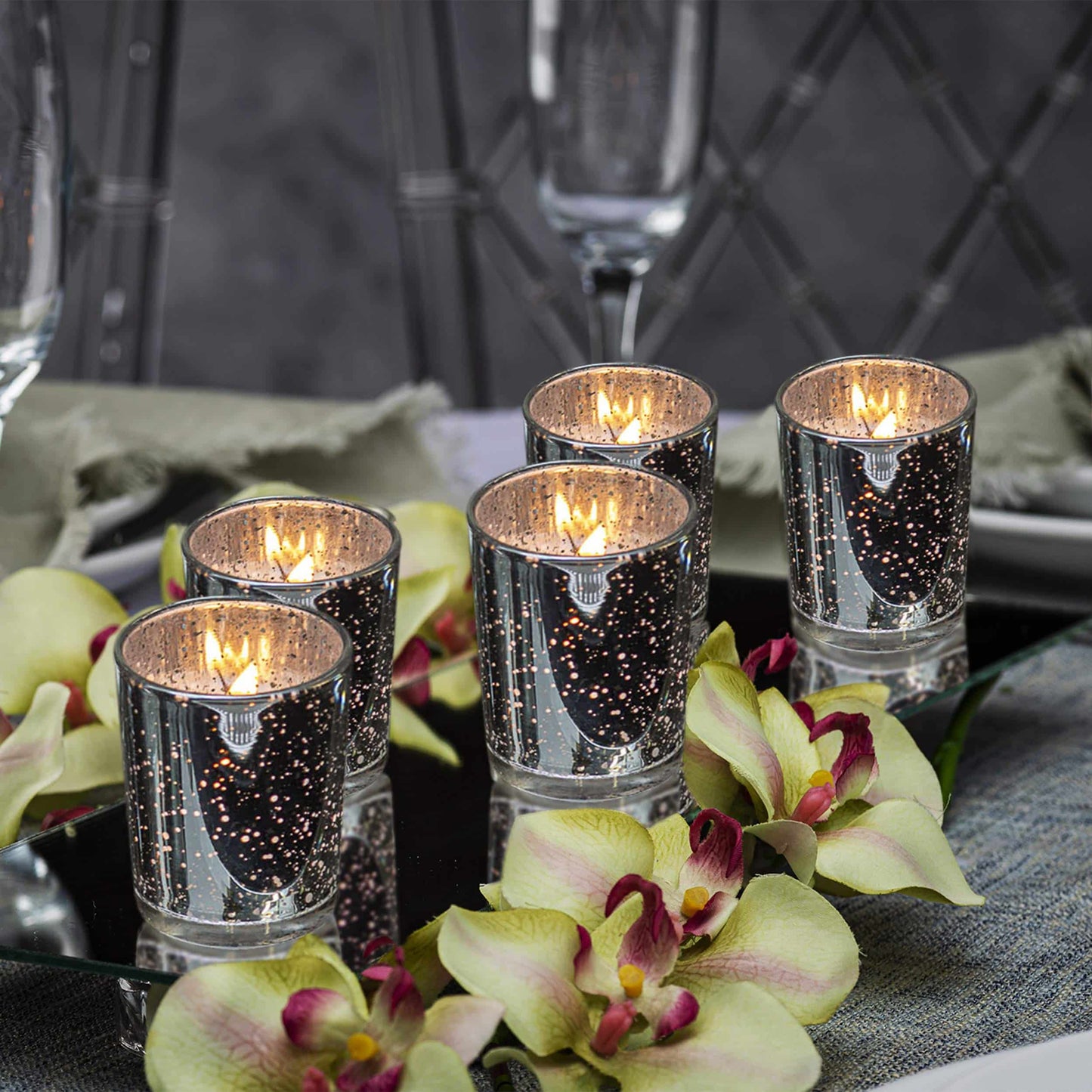KISCO CANDLES Votive Candles with Holders 24-Pack 8 Hours | Silver Decorative Glass Home Décor | Beautiful Living Room, Kitchen, Bathroom Lighting | Long-Lasting Wax