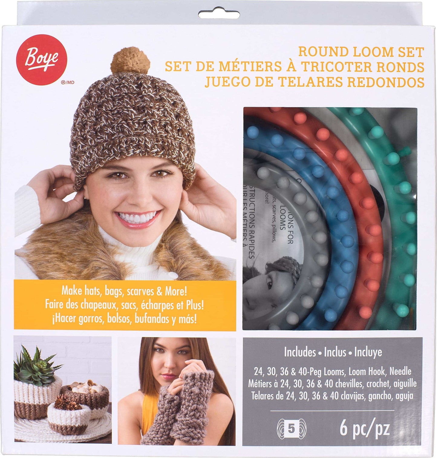 Boye Round Knitting Loom Set, 7pc, 5.5", 7.5", 9.5", and 11.5" D