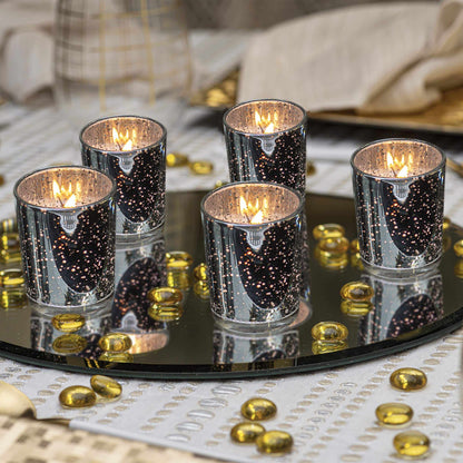 KISCO CANDLES Votive Candles with Holders 24-Pack 8 Hours | Silver Decorative Glass Home Décor | Beautiful Living Room, Kitchen, Bathroom Lighting | Long-Lasting Wax
