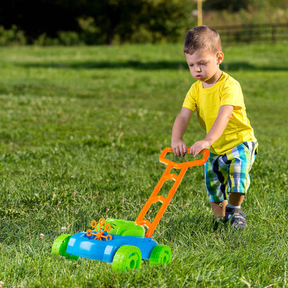 Bubble Lawn Mower - Outside Push Lawnmower Bubble Blower Machine for Toddlers - Walk Behind Outdoor Activity for Kids by Hey Play (Blue)