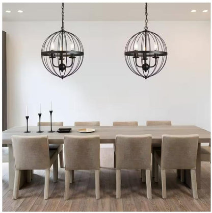 3-Light Distressed Black Farmhouse Chandelier for Dining Room Metal Cage Pendant Hanging Light Fixtures