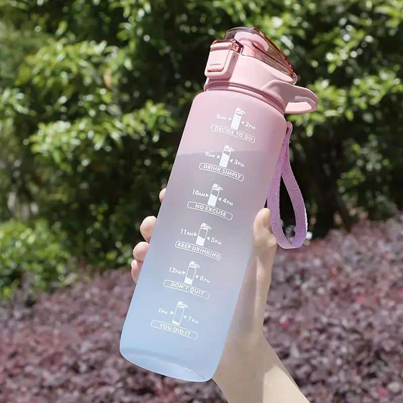 25 oz Water Bottle, Leakproof BPA & Toxic Free, Motivational Water Bottle with Times to Drink and Straw, Fitness Sports Water Bottle with Strap Pink