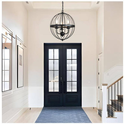 3-Light Distressed Black Farmhouse Chandelier for Dining Room Metal Cage Pendant Hanging Light Fixtures