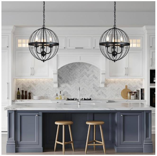 3-Light Distressed Black Farmhouse Chandelier for Dining Room Metal Cage Pendant Hanging Light Fixtures