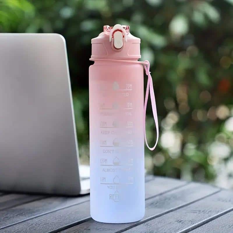 25 oz Water Bottle, Leakproof BPA & Toxic Free, Motivational Water Bottle with Times to Drink and Straw, Fitness Sports Water Bottle with Strap Pink
