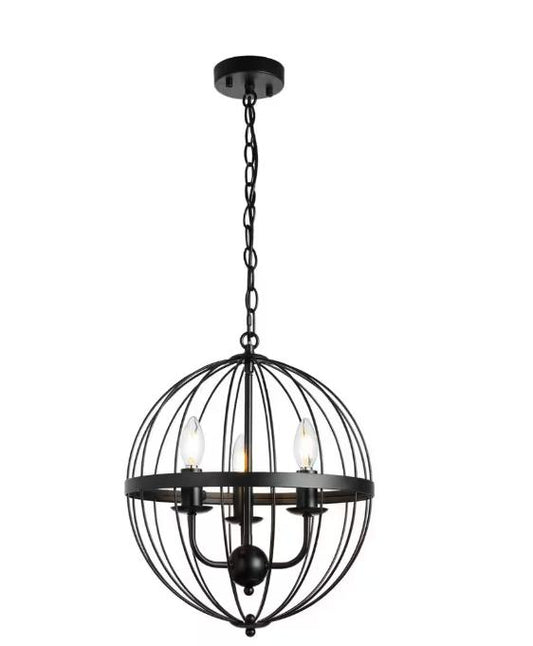 3-Light Distressed Black Farmhouse Chandelier for Dining Room Metal Cage Pendant Hanging Light Fixtures