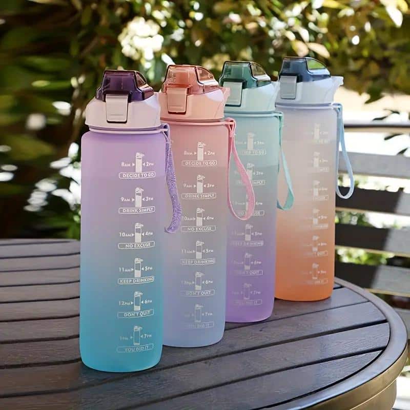 25 oz Water Bottle, Leakproof BPA & Toxic Free, Motivational Water Bottle with Times to Drink and Straw, Fitness Sports Water Bottle with Strap Pink