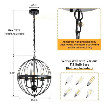 3-Light Distressed Black Farmhouse Chandelier for Dining Room Metal Cage Pendant Hanging Light Fixtures