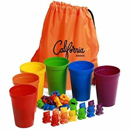 California Basics Rainbow Colored Counting Bears with Cups  72-pc Colorful Counting & Sorting Toys for Kids  Colorful Educational Toys with Carrying Bag