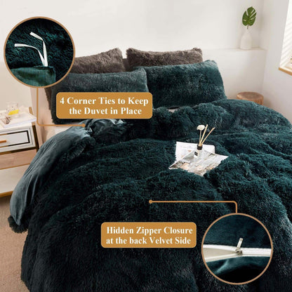 Plush Shaggy Duvet Cover Set, Luxury Ultra Soft Crystal Velvet Fluffy Bedding Sets 3 Pieces(1 Furry Faux Fur Comforter Cover + 2 Fuzzy Faux Fur Pillowcases) Zipper Closure